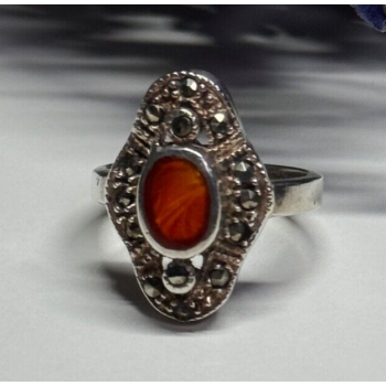 925 Sterling Silver Amber & Marcasite Ring Size 5
