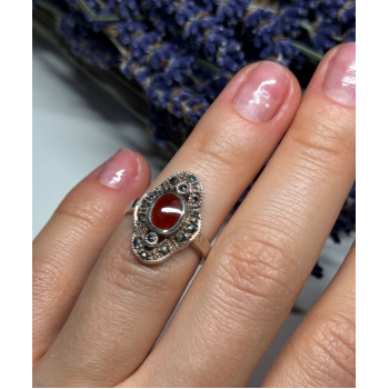 925 Sterling Silver Amber & Marcasite Ring Size 5