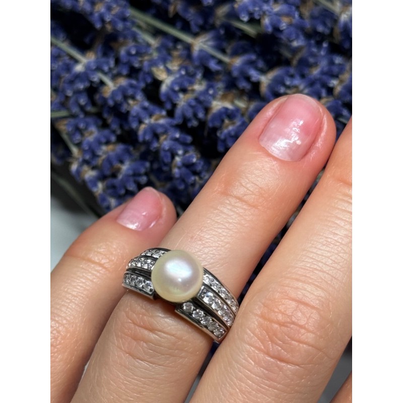 925 STERLING SILVER PEARL & CZ RING SIZE 5