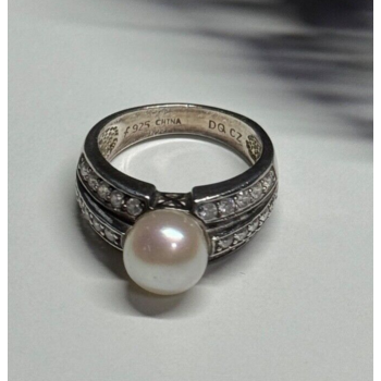 925 STERLING SILVER PEARL & CZ RING SIZE 5