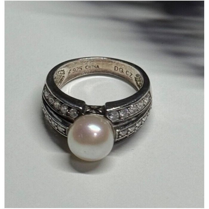 925 STERLING SILVER PEARL & CZ RING SIZE 5
