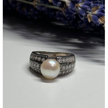 925 STERLING SILVER PEARL & CZ RING SIZE 5