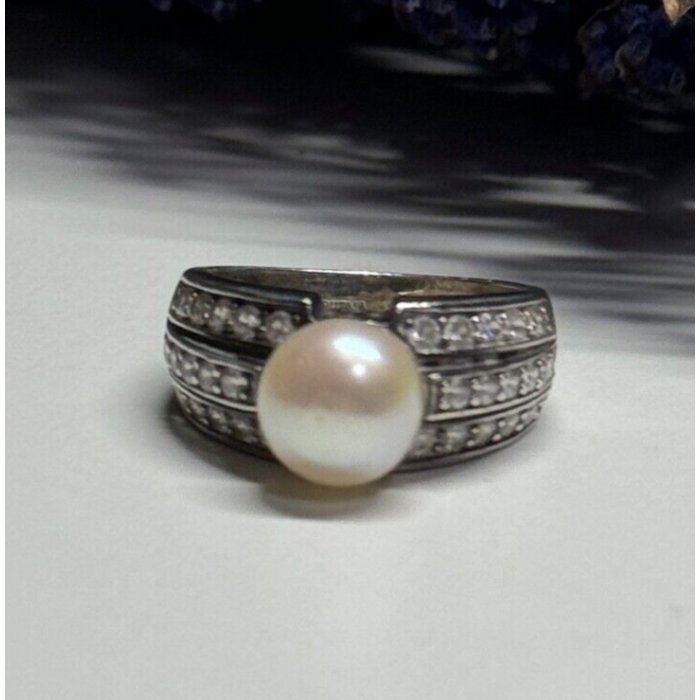 925 STERLING SILVER PEARL & CZ RING SIZE 5