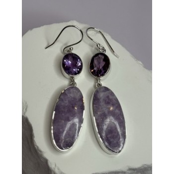 925 Sterling Silver Lepidolite & Amethyst Earrings Length 2.5 Inch