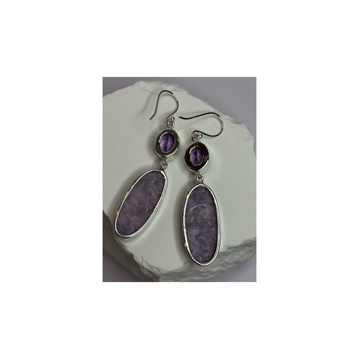 925 Sterling Silver Lepidolite & Amethyst Earrings Length 2.5 Inch