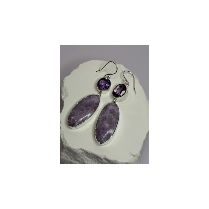 925 Sterling Silver Lepidolite & Amethyst Earrings Length 2.5 Inch