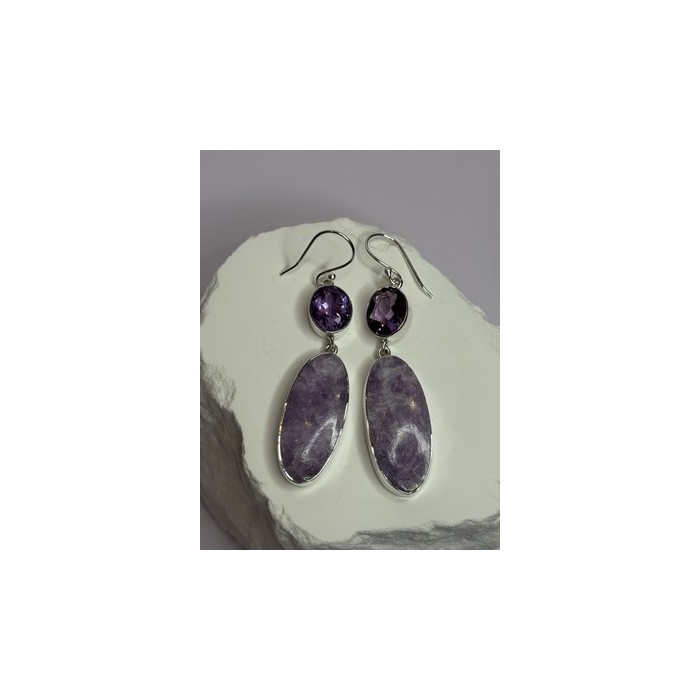 925 Sterling Silver Lepidolite & Amethyst Earrings Length 2.5 Inch