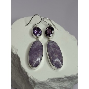 925 Sterling Silver Lepidolite & Amethyst Earrings Length 2.5 Inch
