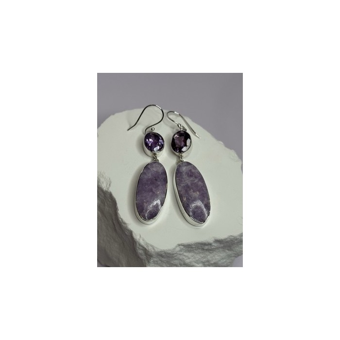 925 Sterling Silver Lepidolite & Amethyst Earrings Length 2.5 Inch