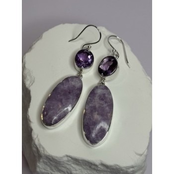 925 Sterling Silver Lepidolite & Amethyst Earrings Length 2.5 Inch