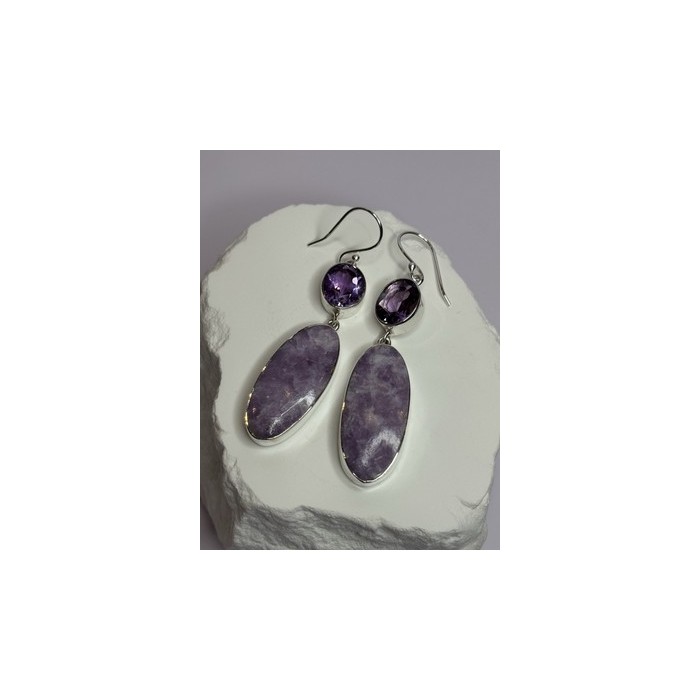 925 Sterling Silver Lepidolite & Amethyst Earrings Length 2.5 Inch