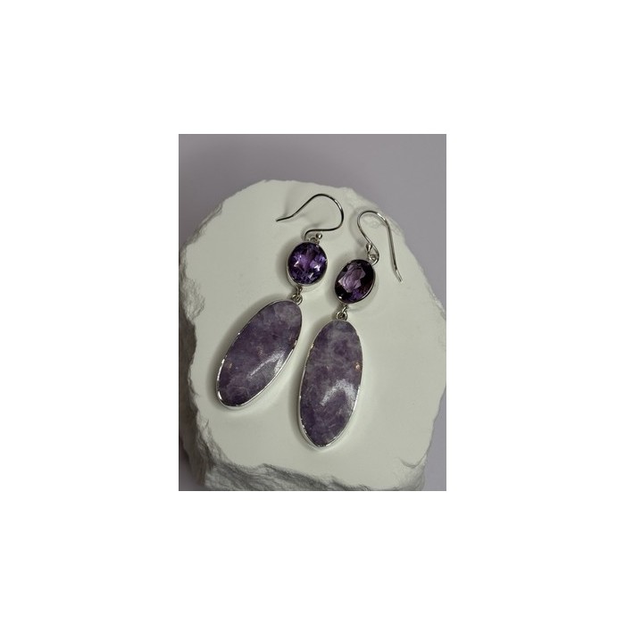 925 Sterling Silver Lepidolite & Amethyst Earrings Length 2.5 Inch