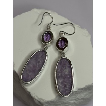 925 Sterling Silver Lepidolite & Amethyst Earrings Length 2.5 Inch