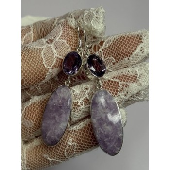 925 Sterling Silver Lepidolite & Amethyst Earrings Length 2.5 Inch
