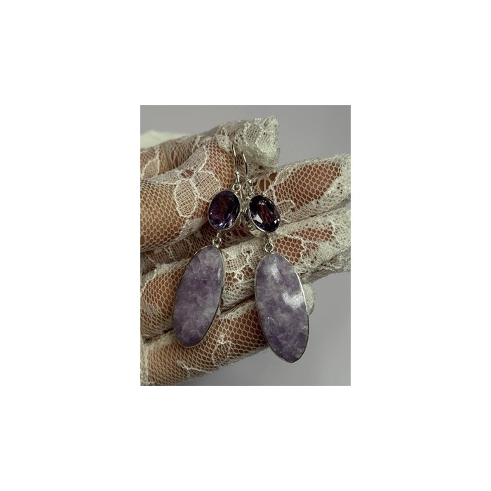 925 Sterling Silver Lepidolite & Amethyst Earrings Length 2.5 Inch