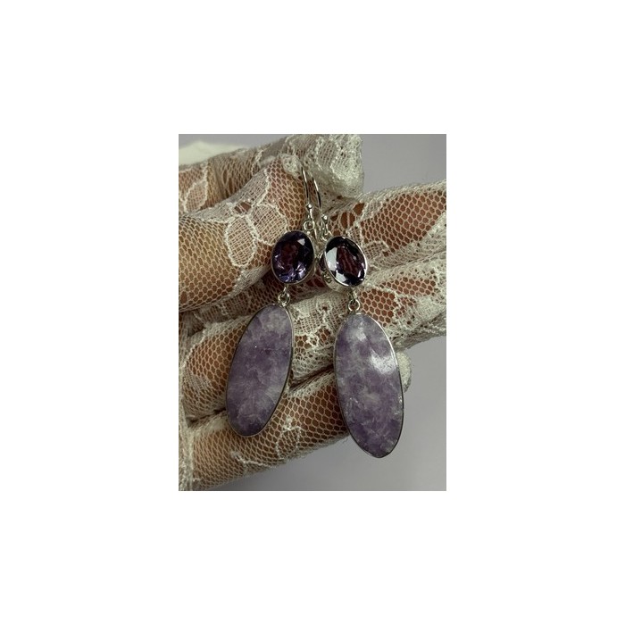 925 Sterling Silver Lepidolite & Amethyst Earrings Length 2.5 Inch