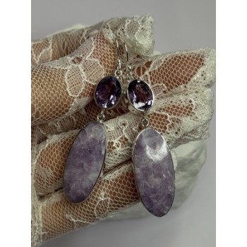 925 Sterling Silver Lepidolite & Amethyst Earrings Length 2.5 Inch