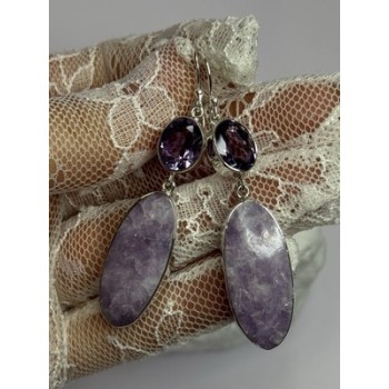925 Sterling Silver Lepidolite & Amethyst Earrings Length 2.5 Inch
