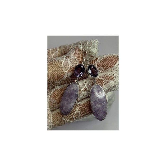 925 Sterling Silver Lepidolite & Amethyst Earrings Length 2.5 Inch