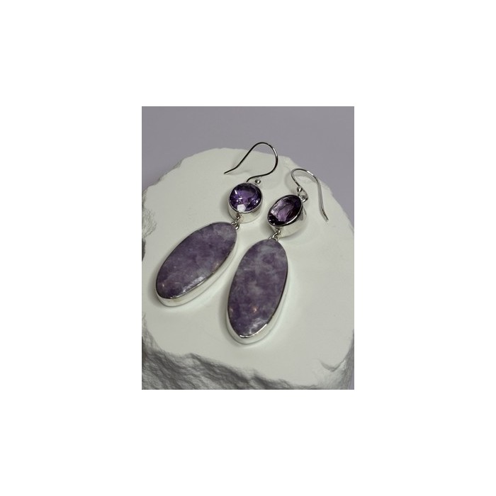 925 Sterling Silver Lepidolite & Amethyst Earrings Length 2.5 Inch
