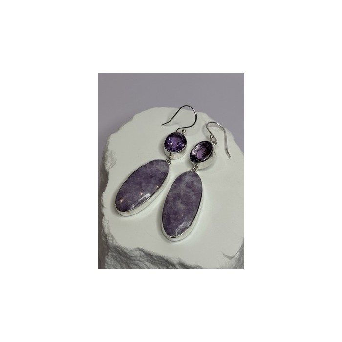 925 Sterling Silver Lepidolite & Amethyst Earrings Length 2.5 Inch