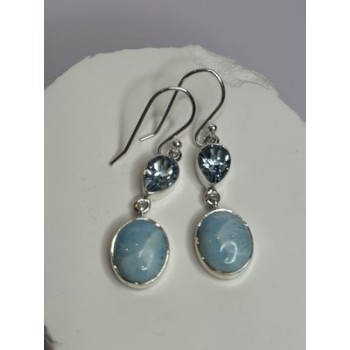 925 Sterling Silver Larimar & Topaz Earrings Length 1.7 Inch