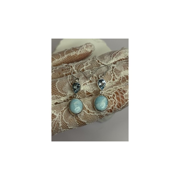 925 Sterling Silver Larimar & Topaz Earrings Length 1.7 Inch