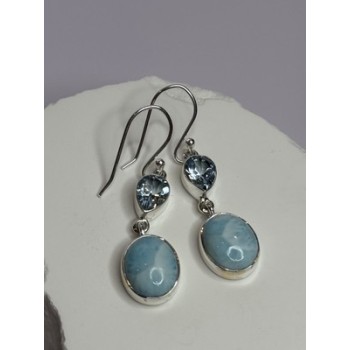 925 Sterling Silver Larimar & Topaz Earrings Length 1.7 Inch