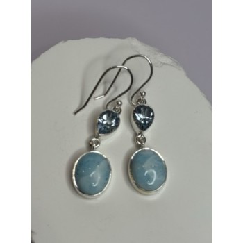 925 Sterling Silver Larimar & Topaz Earrings Length 1.7 Inch