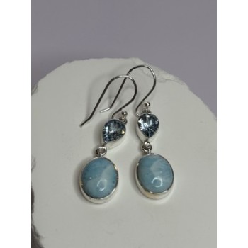 925 Sterling Silver Larimar & Topaz Earrings Length 1.7 Inch