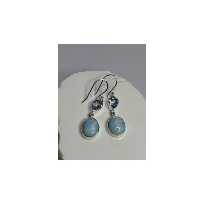 925 Sterling Silver Larimar & Topaz Earrings Length 1.7 Inch