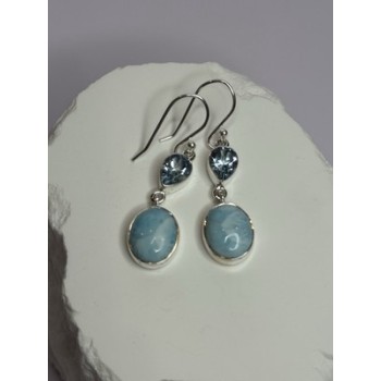925 Sterling Silver Larimar & Topaz Earrings Length 1.7 Inch