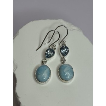 925 Sterling Silver Larimar & Topaz Earrings Length 1.7 Inch