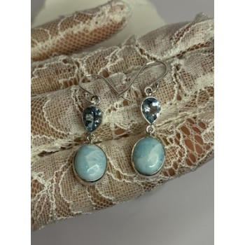 925 Sterling Silver Larimar & Topaz Earrings Length 1.7 Inch