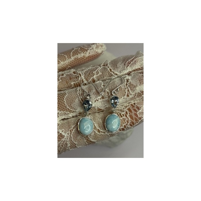 925 Sterling Silver Larimar & Topaz Earrings Length 1.7 Inch
