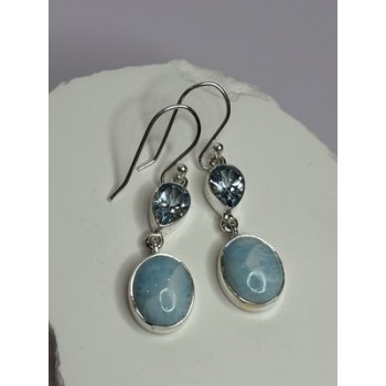 925 Sterling Silver Larimar & Topaz Earrings Length 1.7 Inch