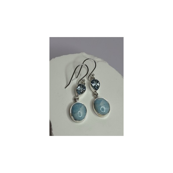 925 Sterling Silver Larimar & Topaz Earrings Length 1.7 Inch