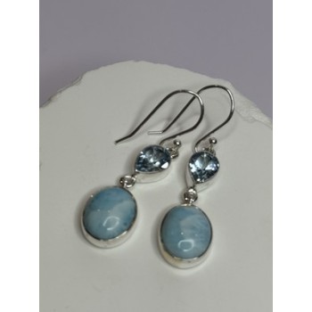 925 Sterling Silver Larimar & Topaz Earrings Length 1.7 Inch