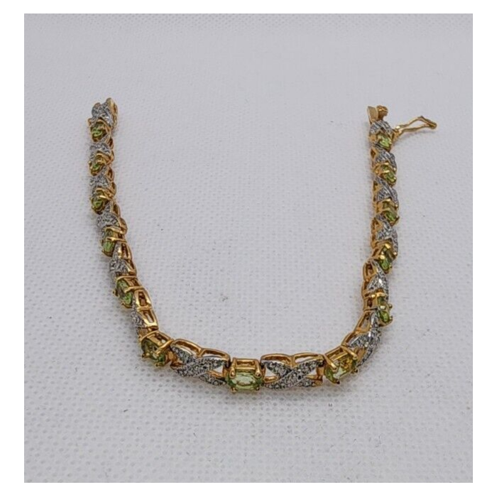925 STERLING SILVER VERMEIL PERIDOT AND DIAMONDS BRACELET SIZE 7 IN