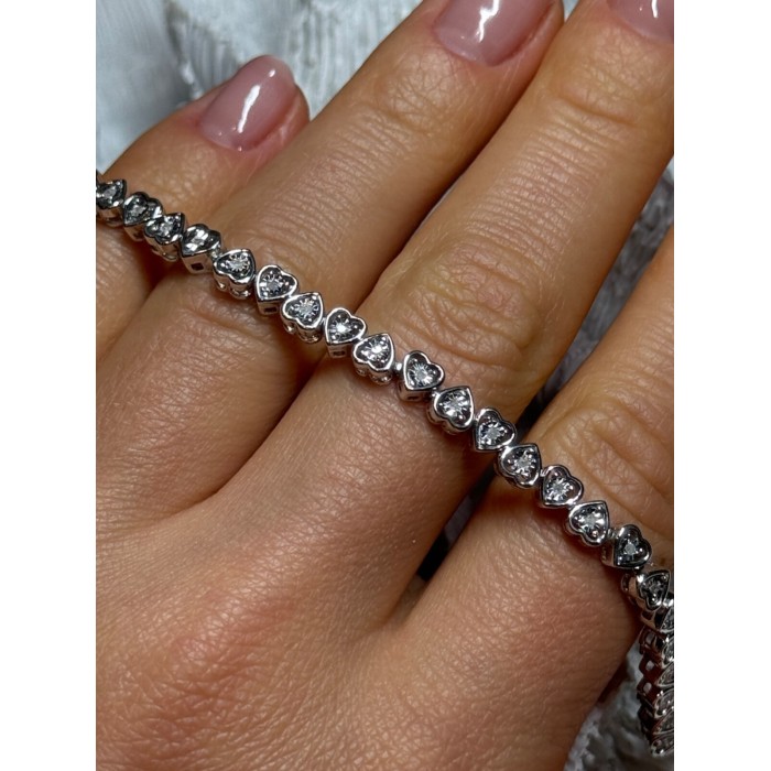 925 Sterling Silver White Sapphire Heart Bracelet Size 7 Inch