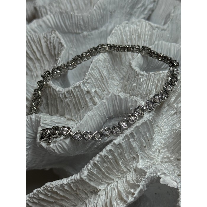 925 Sterling Silver White Sapphire Heart Bracelet Size 7 Inch