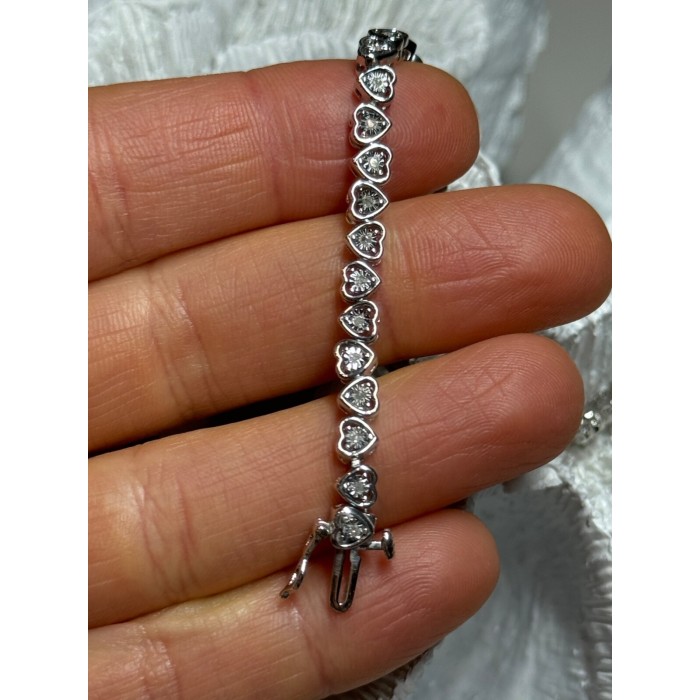925 Sterling Silver White Sapphire Heart Bracelet Size 7 Inch