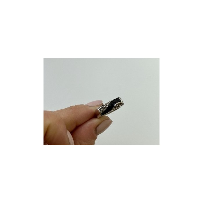 925 Sterling Silver Nephrite ( Jade ) & Black Quartz Ring Size 6.5