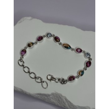 925 Sterling Silver Oyster Turquoise & Topaz Bracelet Length 6-8 Inch