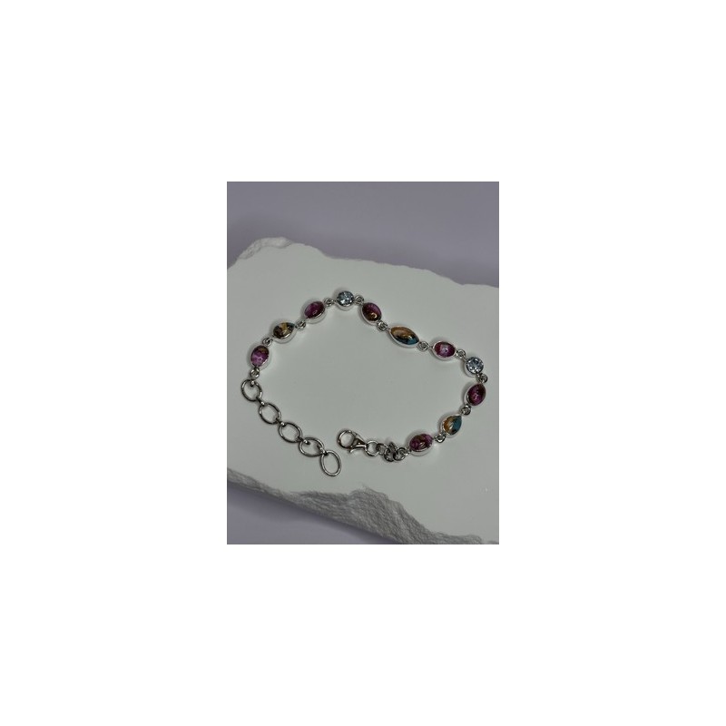 925 Sterling Silver Oyster Turquoise & Topaz Bracelet Length 6-8 Inch