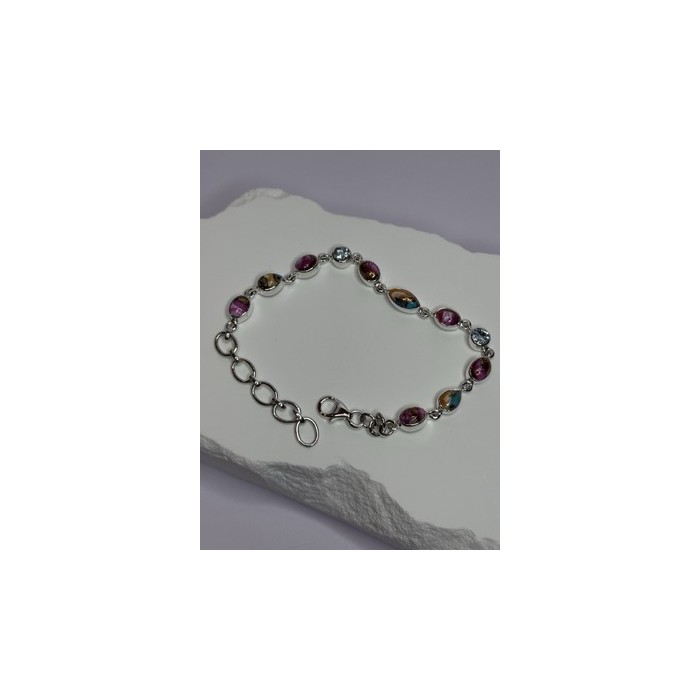 925 Sterling Silver Oyster Turquoise & Topaz Bracelet Length 6-8 Inch