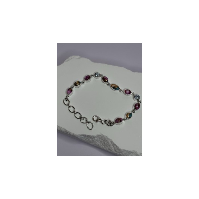 925 Sterling Silver Oyster Turquoise & Topaz Bracelet Length 6-8 Inch