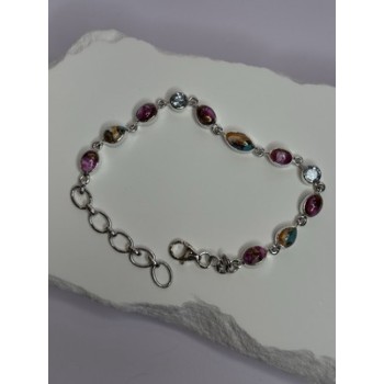 925 Sterling Silver Oyster Turquoise & Topaz Bracelet Length 6-8 Inch