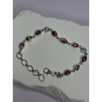 925 Sterling Silver Oyster Turquoise & Topaz Bracelet Length 6-8 Inch