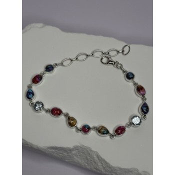 925 Sterling Silver Oyster Turquoise & Topaz Bracelet Length 6-8 Inch